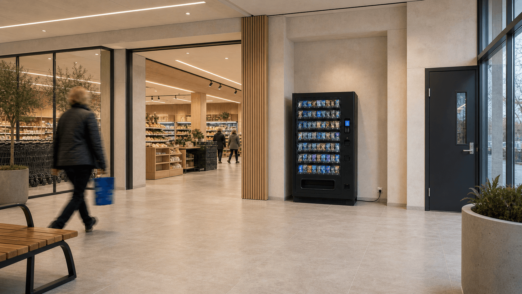 Kortautomat montert ved en moderne dagligvarebutikk inne på et kjøpesenter