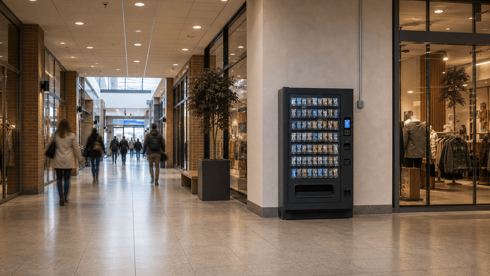 Kortautomat montert langs en hverdagslig kjøpesentergang